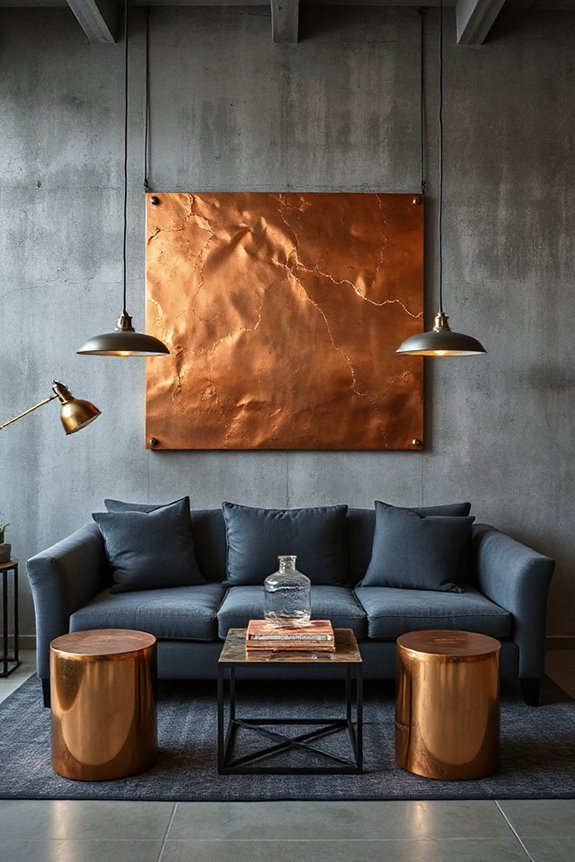 15 Grey and Copper Living Room Concepts to Nail Industrial Style 51 artistic grey copper murals