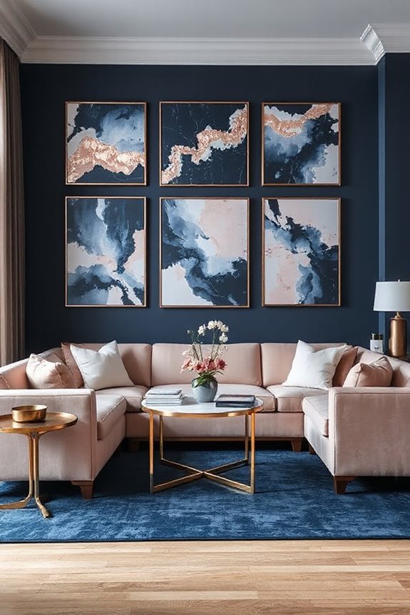 16 Navy and Rose Gold Living Room Concepts to Make a Statement 38 artistic navy rose gold gallery