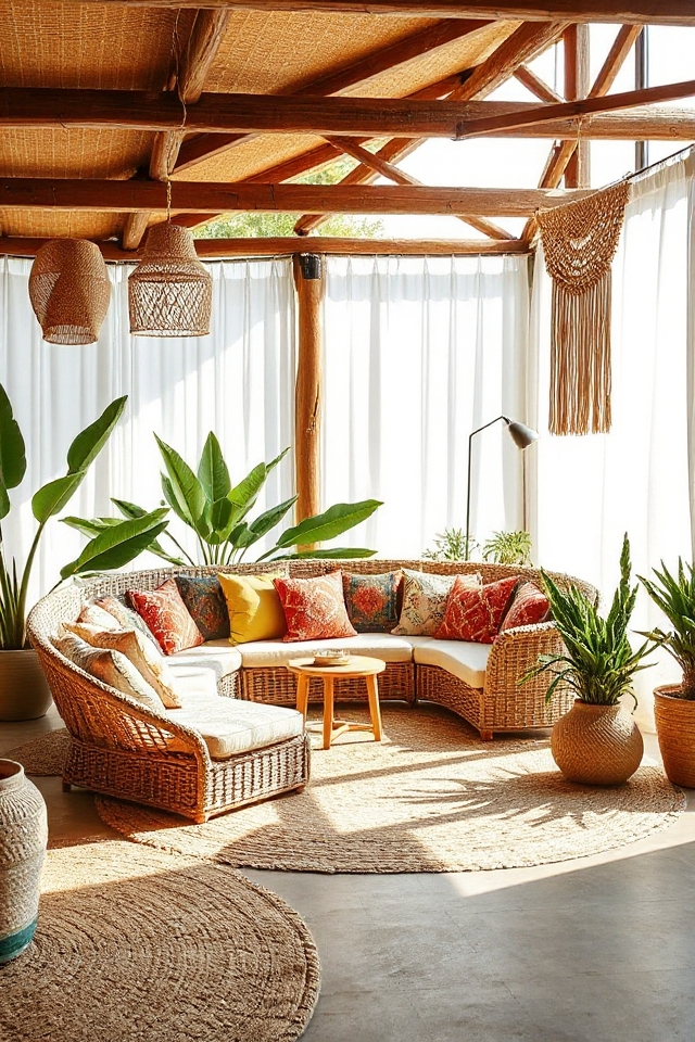 15 Woven Boho Living Rooms Featuring Rattan and Wicker 2 bright boho rattan lounge
