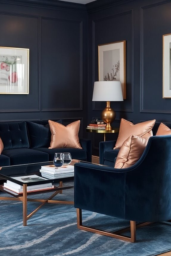 16 Navy and Rose Gold Living Room Concepts to Make a Statement 31 chic navy rose gold dining