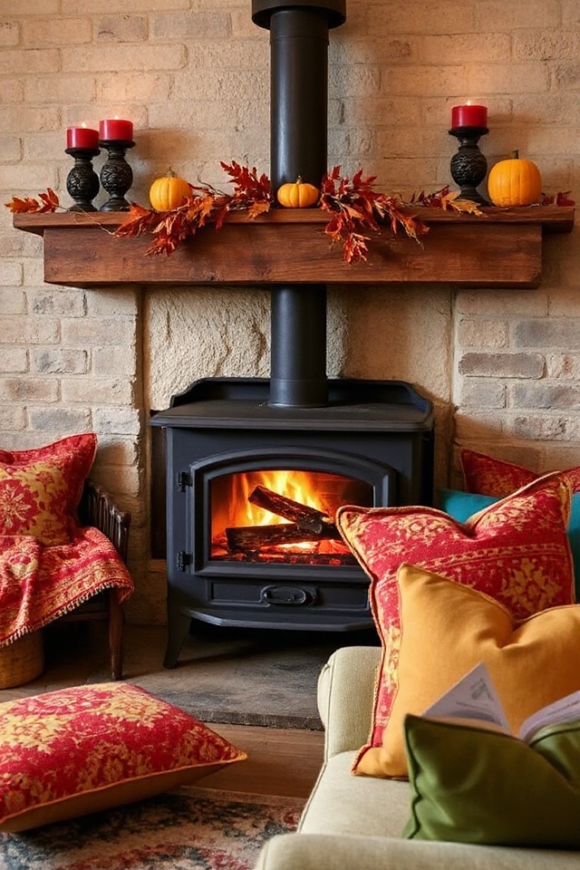 40 Wood-Burning Stove Decor Ideas To Warm Up Your Space 163 colorful cozy seating accents