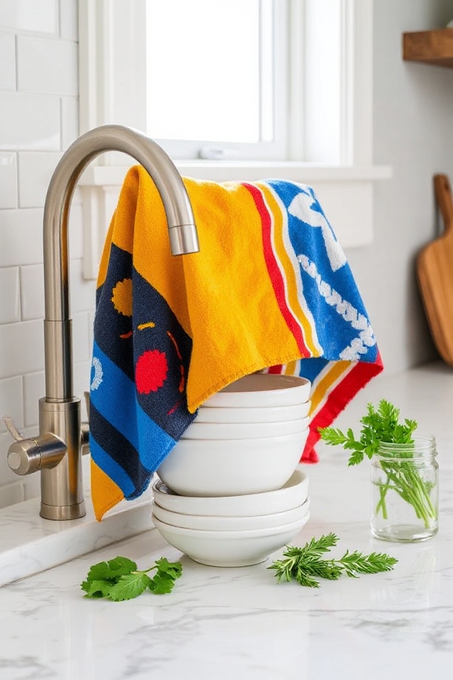 28 Kitchen Counter Styling Ideas That Are Functional and Beautiful 19 colorful patterned dish towels