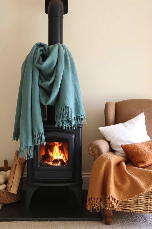 40 Wood-Burning Stove Decor Ideas To Warm Up Your Space 227 complementary cozy blanket throws