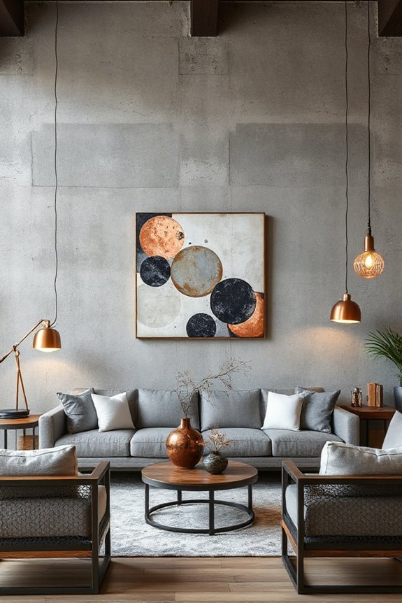 15 Grey and Copper Living Room Concepts to Nail Industrial Style 72 copper and grey artistry