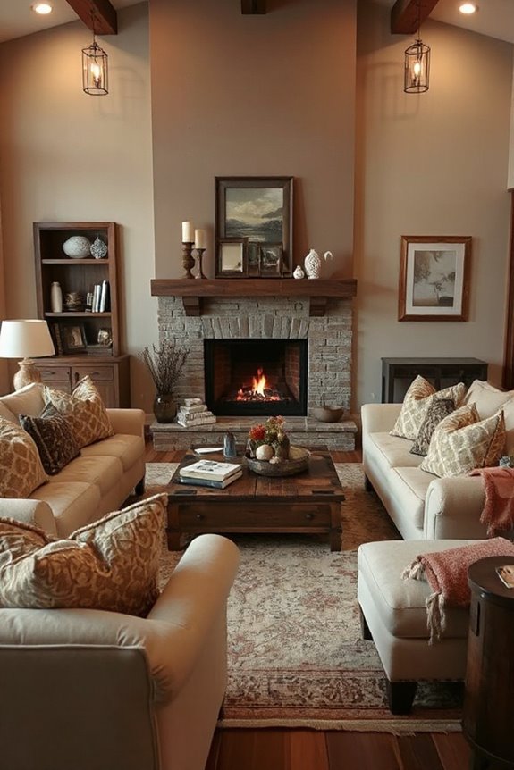Don’t Miss These 22 Stunning Living Rooms in Warm Neutrals 121 cozy neutral fireplace nook
