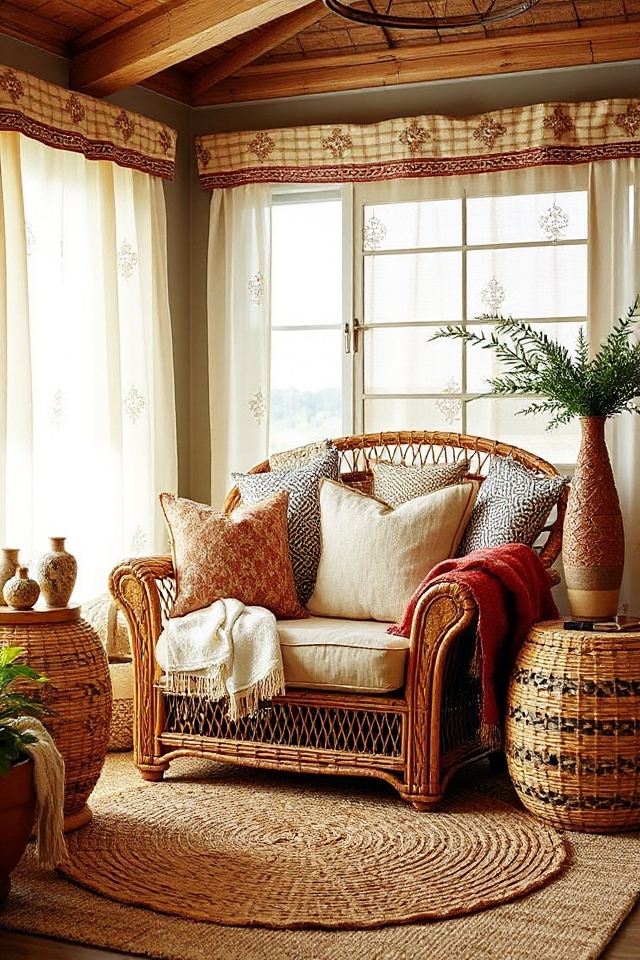 15 Woven Boho Living Rooms Featuring Rattan and Wicker 9 cozy wicker nook decor