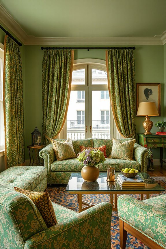 16 Light Green and Gold Living Room Concepts to Stay On Trend 44 eclectic patterned textile combinations