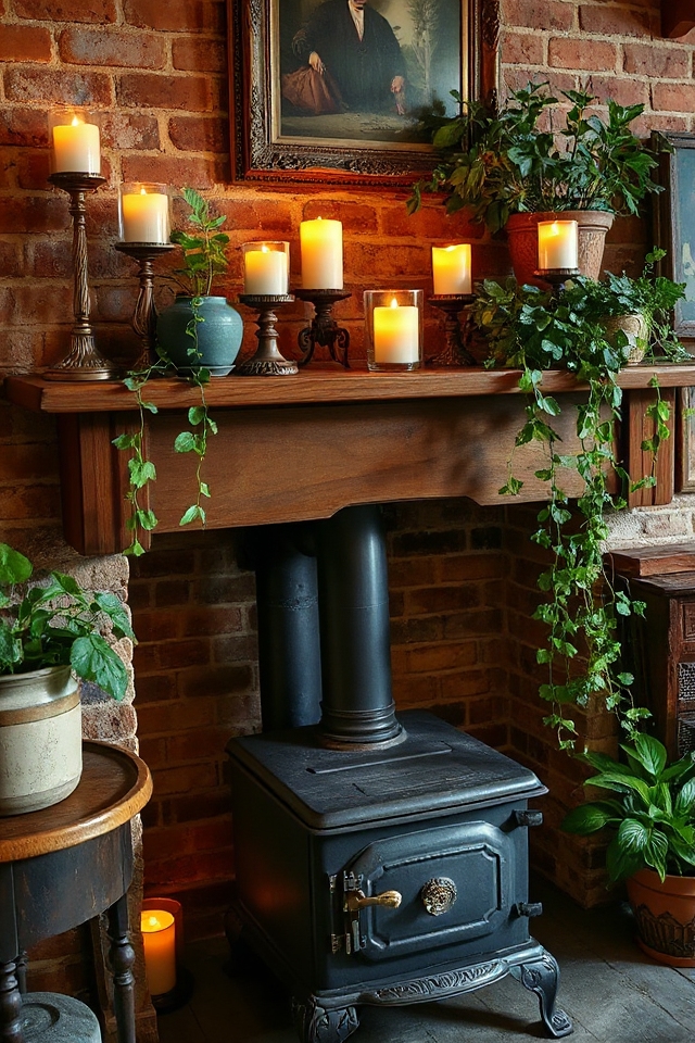 40 Wood-Burning Stove Decor Ideas To Warm Up Your Space 86 elegant candle and greenery display