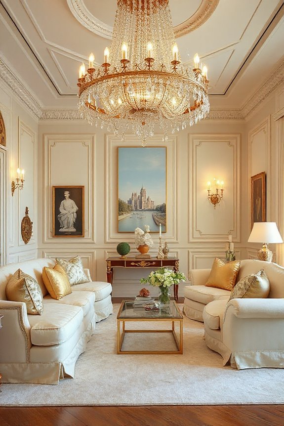 20 Cream and Gold Living Rooms That Look Expensive 2 elegant chandelier enhances luxury