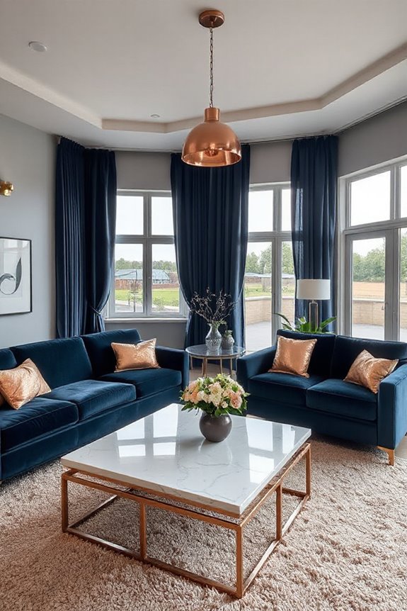 16 Navy and Rose Gold Living Room Concepts to Make a Statement 2 elegant navy rose gold decor