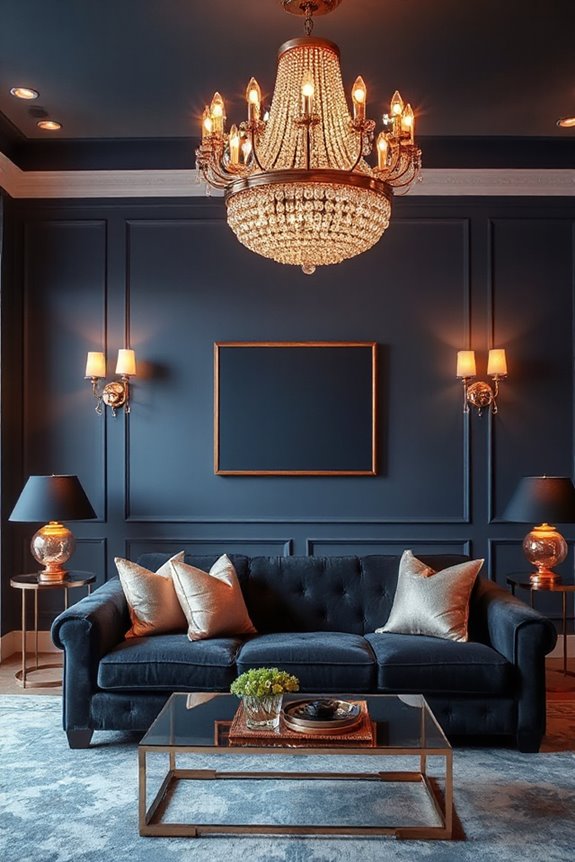 16 Navy and Rose Gold Living Room Concepts to Make a Statement 73 elegant navy rose gold lighting
