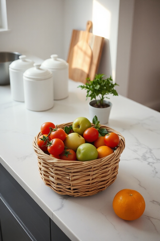28 Kitchen Counter Styling Ideas That Are Functional and Beautiful 23 elegant produce storage solution