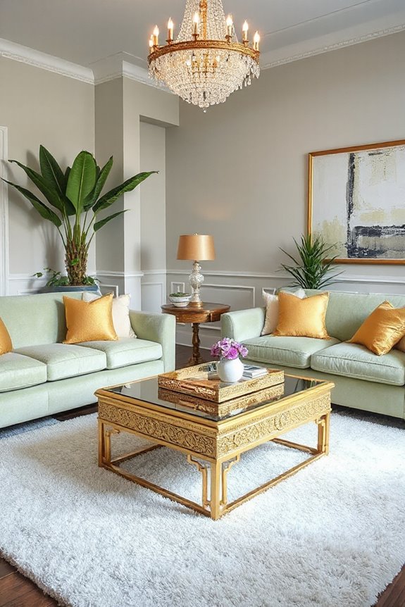 16 Light Green and Gold Living Room Concepts to Stay On Trend 72 glamorous green and gold accents