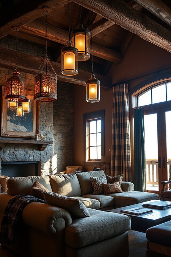 15 Mountain Style Living Room Ideas for Natural Comfort 28 layered lighting with lanterns