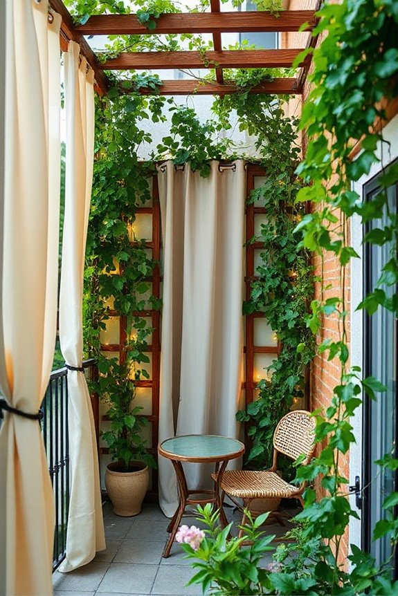 25 Small Balcony Apartment Decor Ideas That Will Transform Your Tiny Space 19 layered privacy screen with trellises and curtains