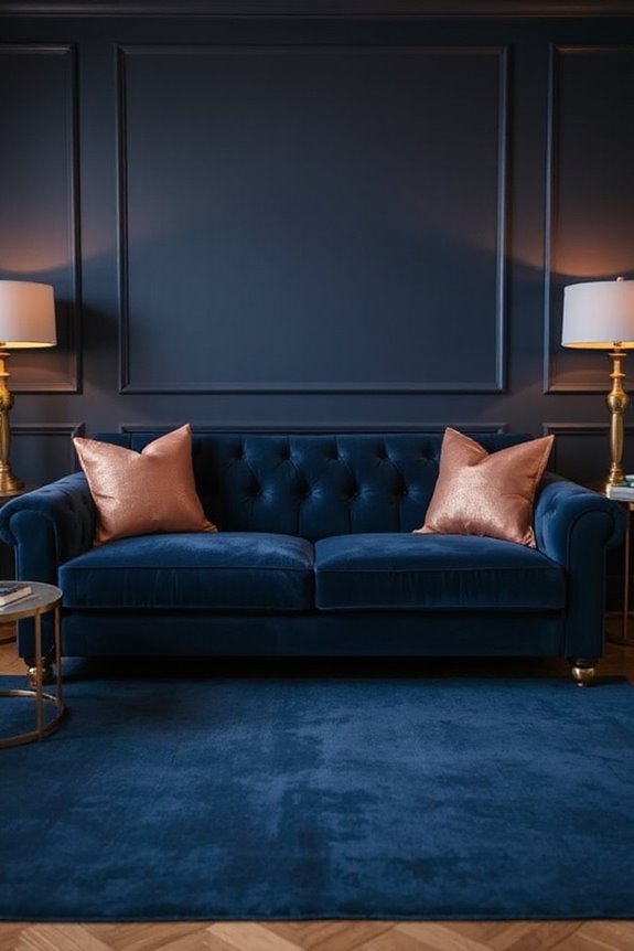 16 Navy and Rose Gold Living Room Concepts to Make a Statement 57 luxurious navy velvet sofa