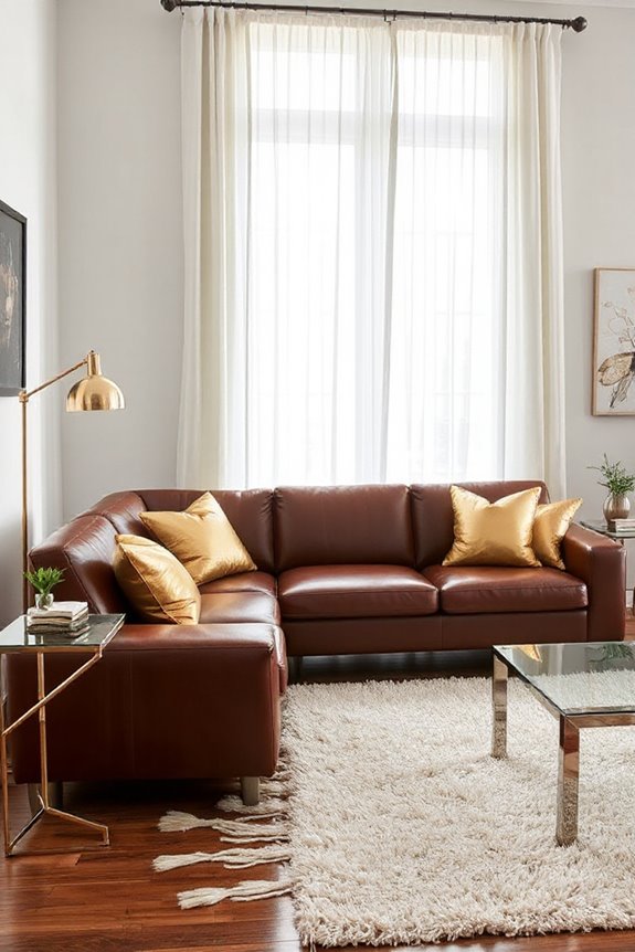 15 Ways to Style a Brown Leather Couch to Look Modern 44 metallic accents enhance sophistication