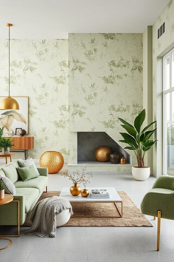 16 Light Green and Gold Living Room Concepts to Stay On Trend 37 nature inspired open plan elegance