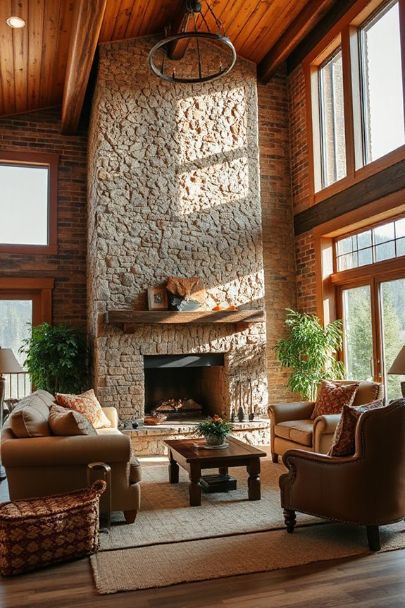 15 Mountain Style Living Room Ideas for Natural Comfort 16 rustic stone and brick accents