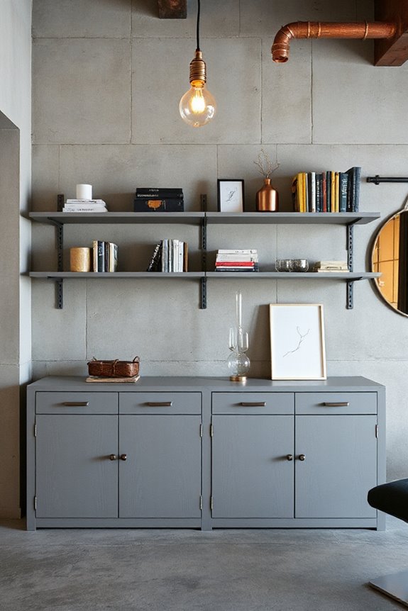 15 Grey and Copper Living Room Concepts to Nail Industrial Style 23 sleek grey shelving accents