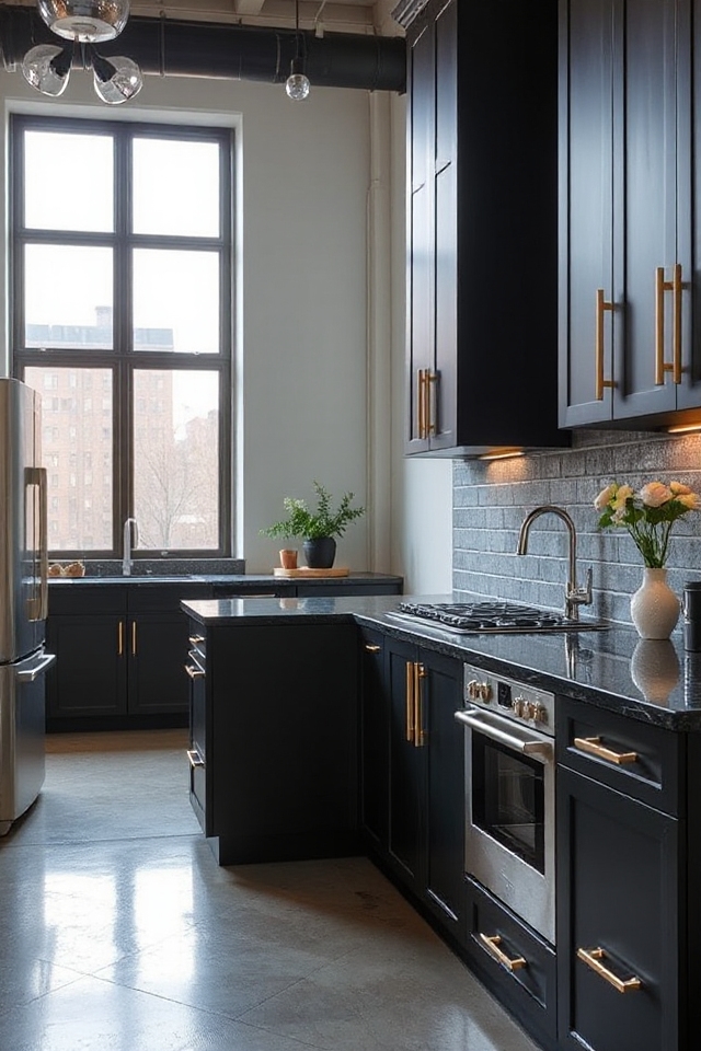 12 Modern Loft Kitchens That Are Equal Parts Cozy and Chic 26 sleek metallic black finishes