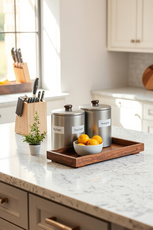 28 Kitchen Counter Styling Ideas That Are Functional and Beautiful 3 stylish canisters enhance kitchen storage
