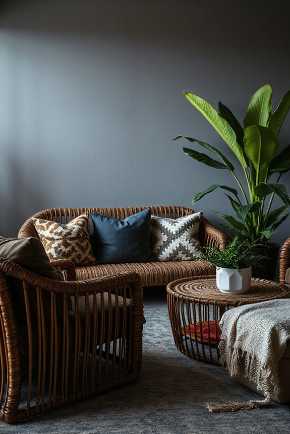 Moody Modern Tropical Living Room in Gray and Brown 44 texture and pattern harmony