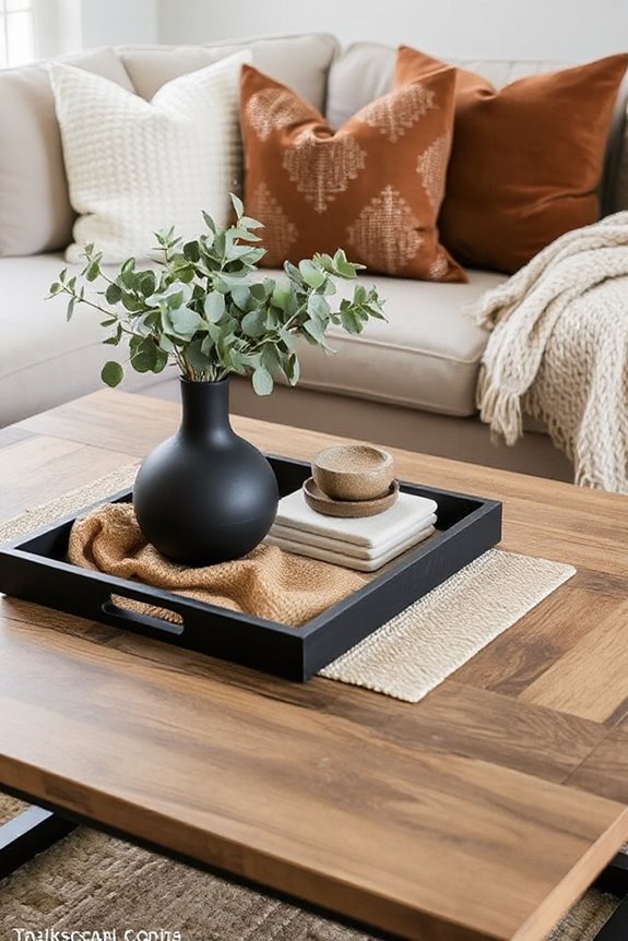 15 Ways to Use Coffee Table Trays to Style Your Living Room 89 textured fabric and natural elements