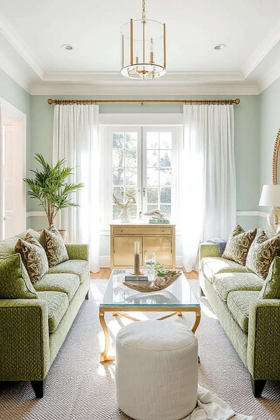 16 Light Green and Gold Living Room Concepts to Stay On Trend 107 tranquil coastal green decor