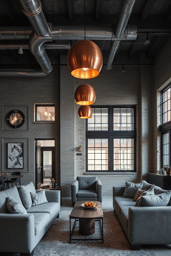 15 Grey and Copper Living Room Concepts to Nail Industrial Style 100 urban loft with copper chandeliers