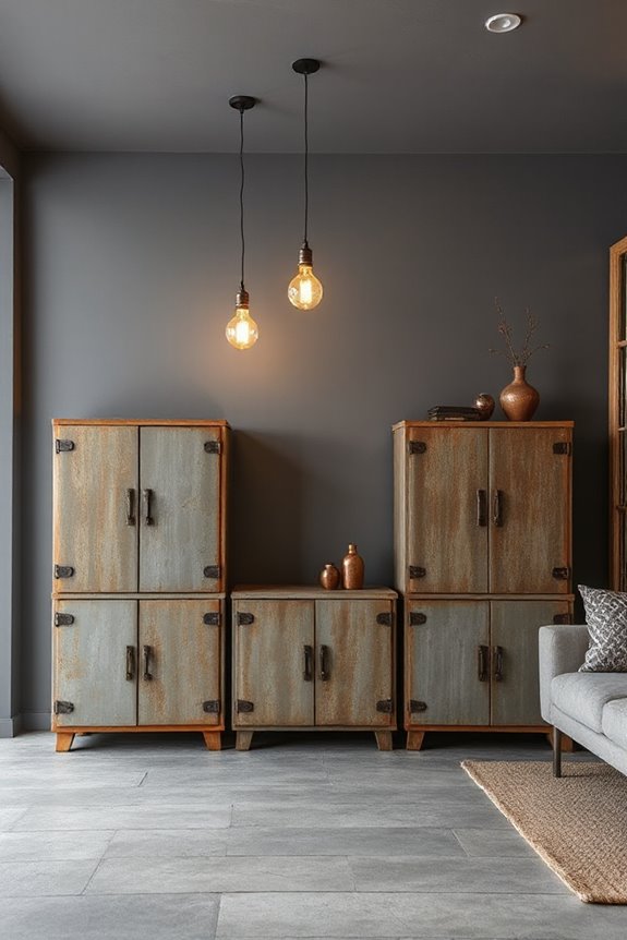 15 Grey and Copper Living Room Concepts to Nail Industrial Style 44 vintage cabinets copper accents