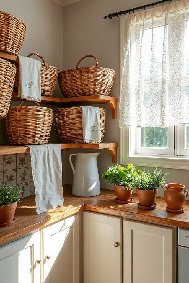 woven baskets enhance kitchen warmth
